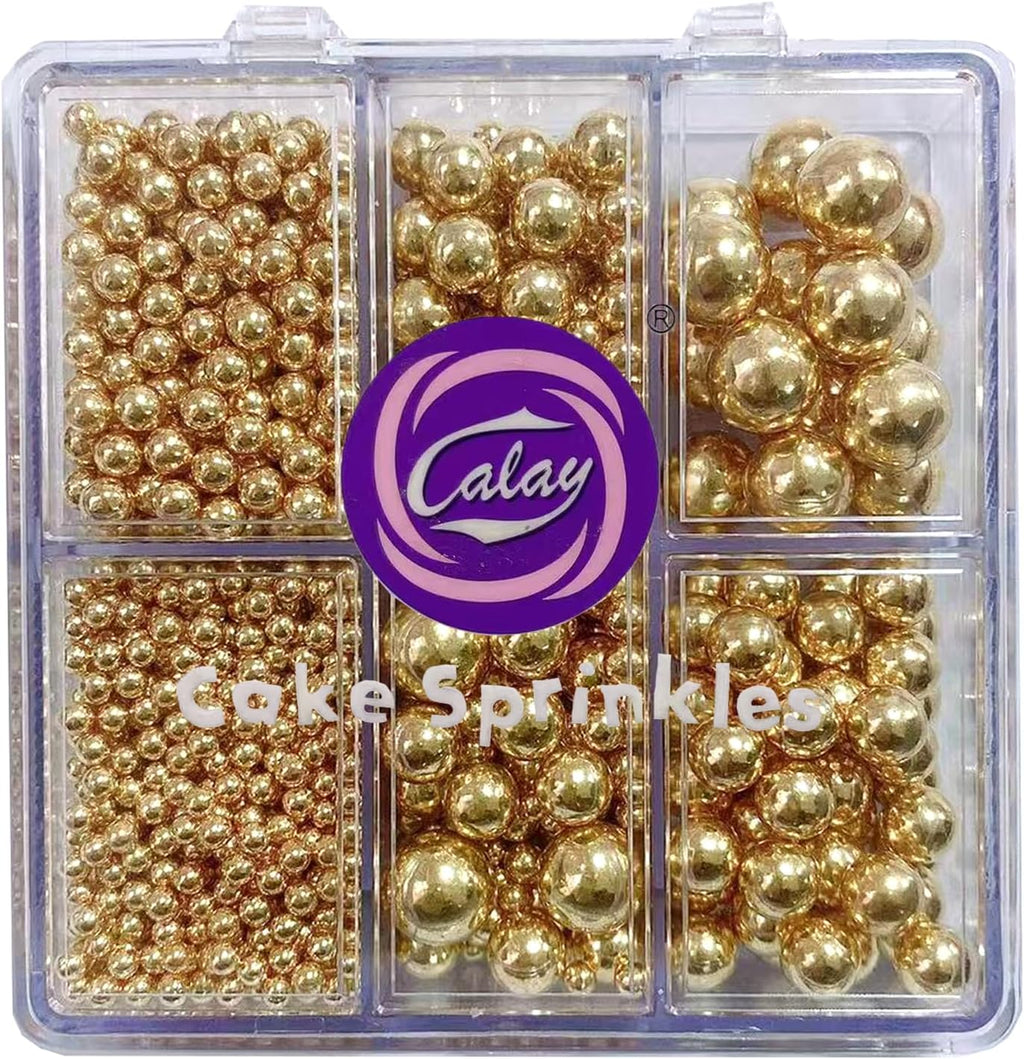 Sentovac Edible Gold Pearls Sprinkles 4 Size（2mm 4mm 7mm 1cm）Mix for Cake Decorating Candy Cupcake Cake Topper Cookie Baking Decorations Supplies