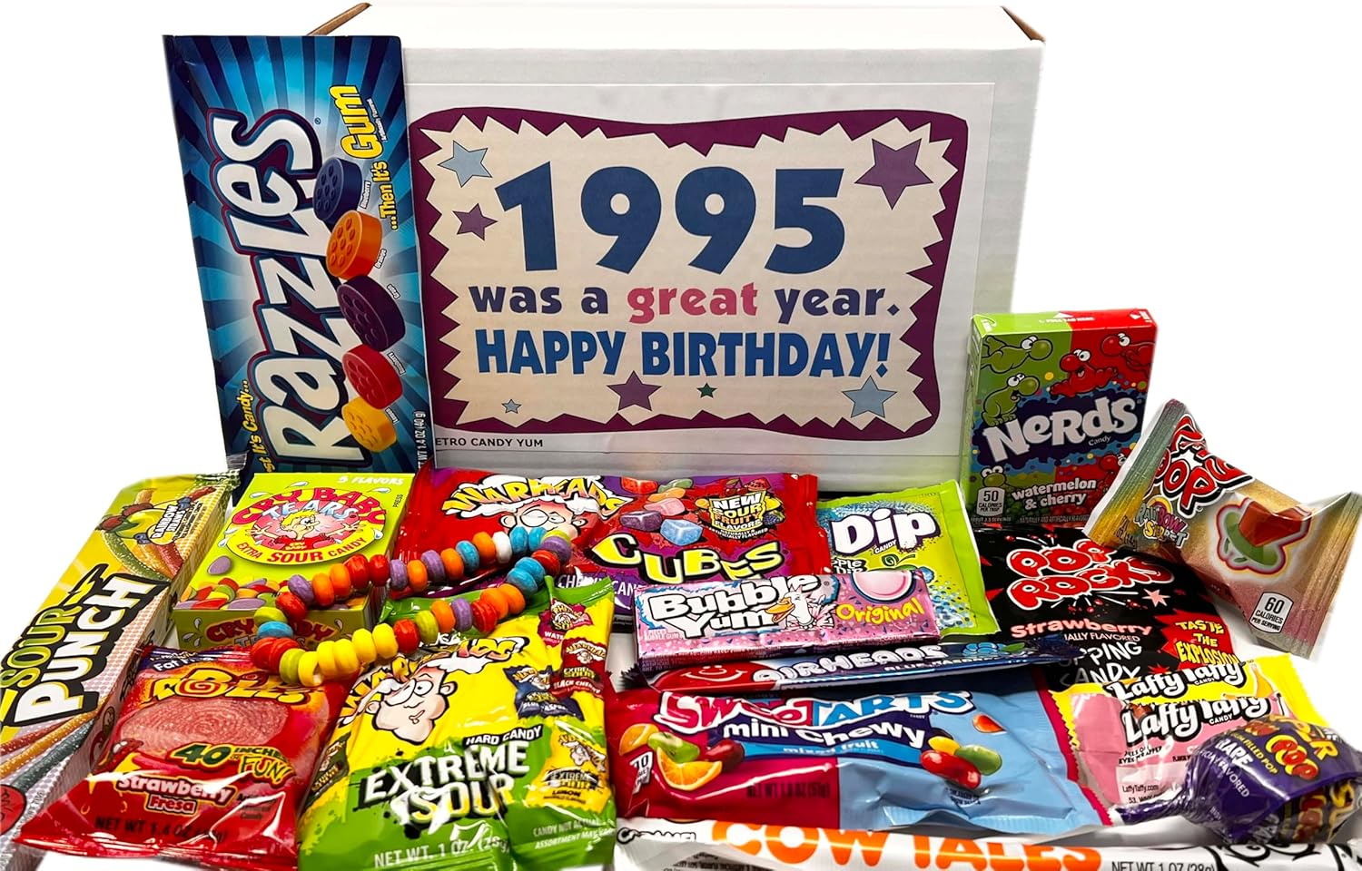 RETRO CANDY YUM ~ 1995 31st Birthday Nostalgic Candy Gift Basket Box 90s Assortment from Childhood Memories for 31 Year Old Woman or Man Born 1995 Jr