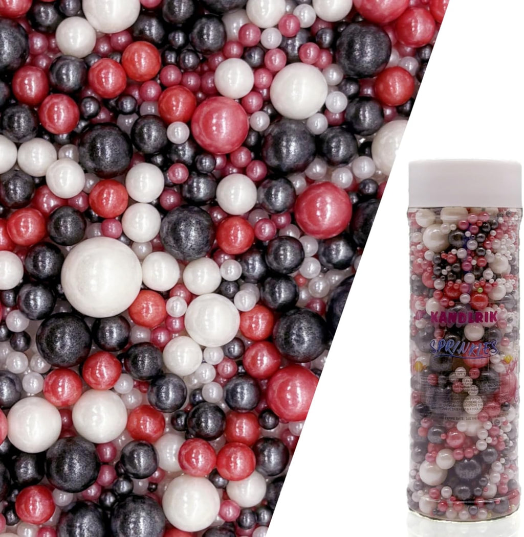 Edible Red & Black & White Sugar Pearls Sprinkles Candy Mix Size Pearls Cake Decorations Cupcake Toppers Decorating Perfect for Wedding Party Valentine Christmas Supplies 4.58OZ