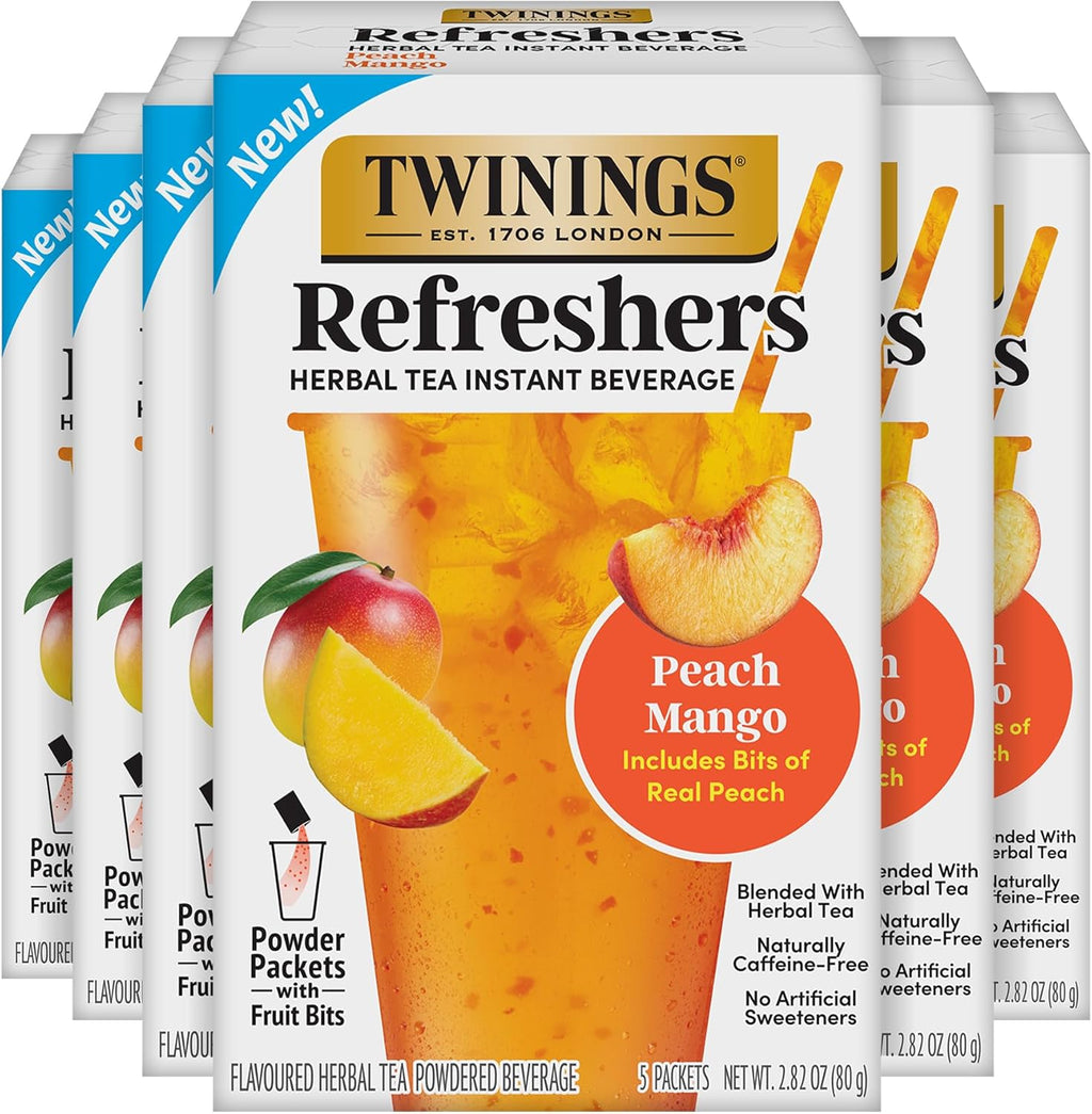 NEW Twinings Peach Mango Refreshers, Herbal Tea Instant Beverage with Real Peach Fruit Bits, 5 Count (Pack of 6), Café Style, No Artificial Sweeteners, Naturally Caffeine-Free Refreshment, 30 Packets
