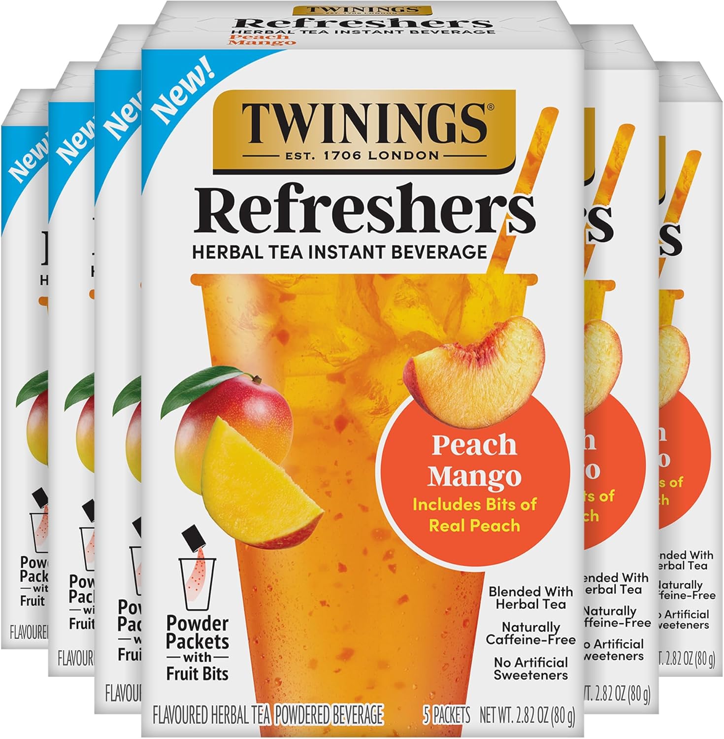 NEW Twinings Peach Mango Refreshers, Herbal Tea Instant Beverage with Real Peach Fruit Bits, 5 Count (Pack of 6), Café Style, No Artificial Sweeteners, Naturally Caffeine-Free Refreshment, 30 Packets