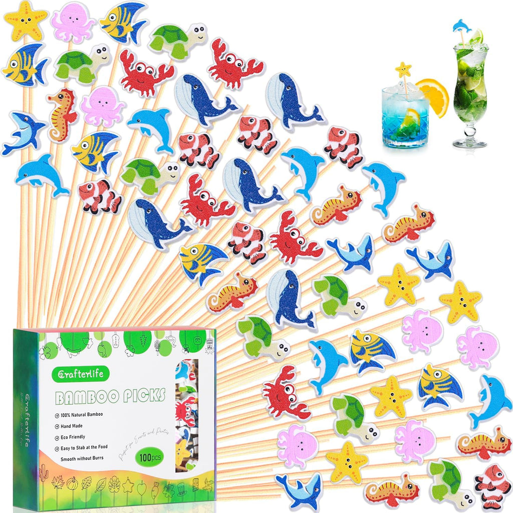 100Pcs Sea Animal Cocktail Picks Ocean Animals Cute Fish Theme Decor Toothpicks Fruit Drinks Sticks Food Appetizer Charcuterie Skewers, for Under The Sea Themed Summer Beach Birthday Party Decorations
