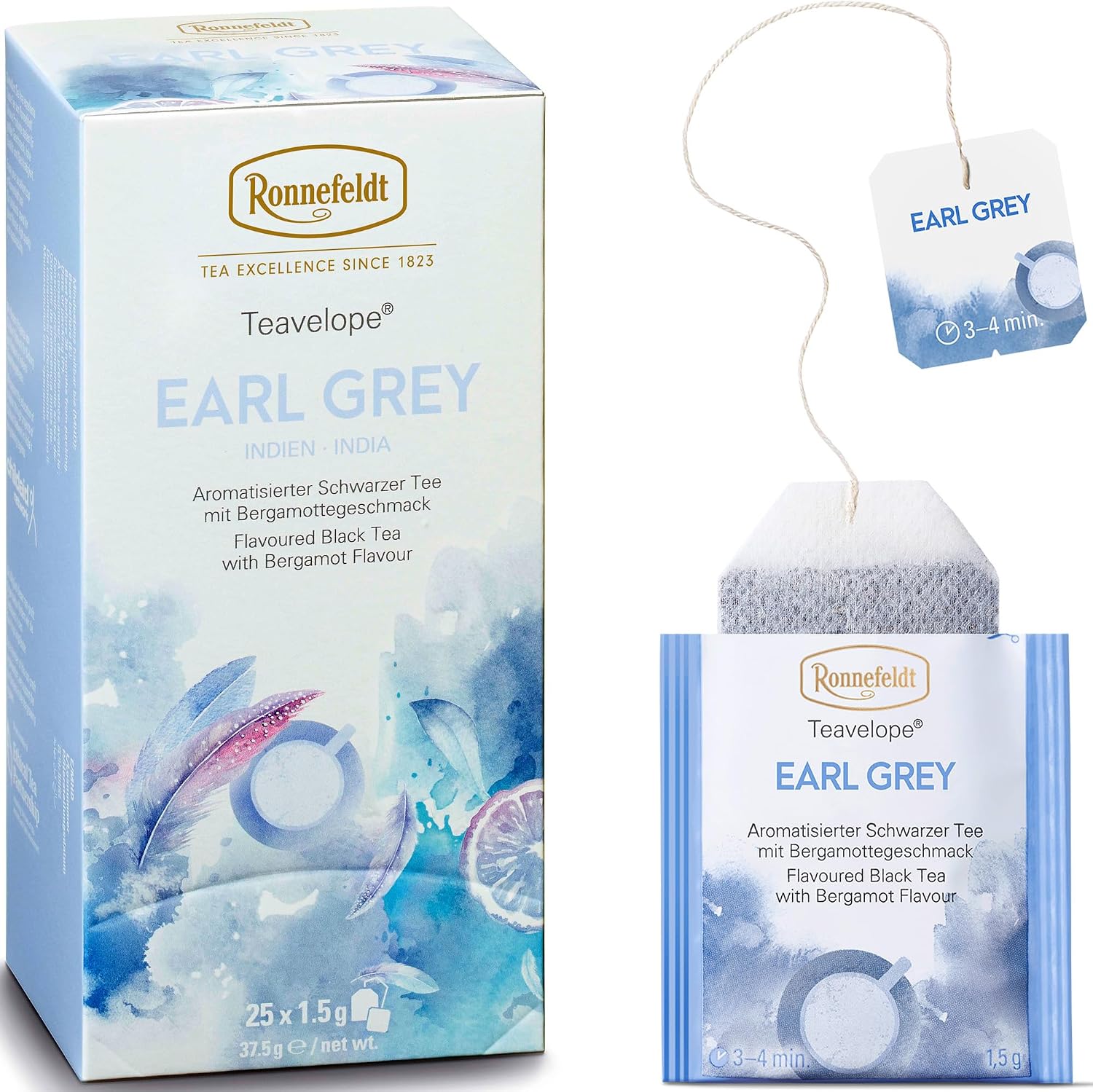 Ronnefeldt Teavelope Earl Grey - Flavoured Black Tea With Bergamot Flavour India Bags Tea Individually Wrapped, 25 Count - Strong, Smooth, Caffeinated - Hot or Iced