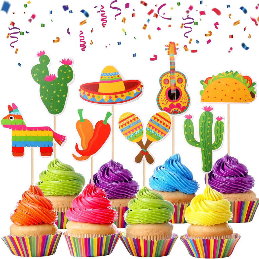 32 PCS Mexican Fiesta Cupcake Toppers Assembled Cactus Donkey Maraca Sombrero Guitar Cupcake Picks Mexican Fiesta Theme Baby Shower Birthday Party Cake Decorations Supplies