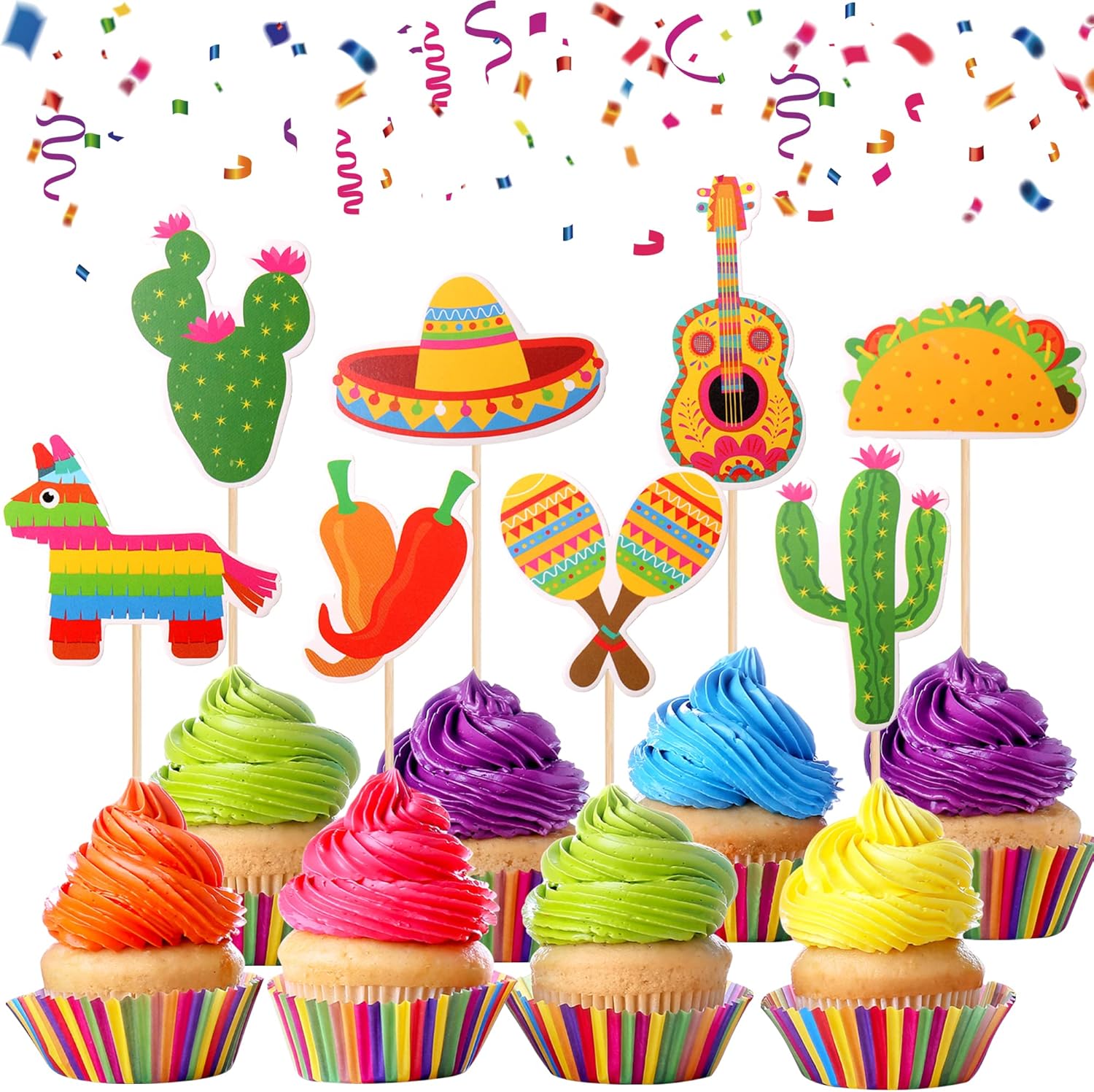 32 PCS Mexican Fiesta Cupcake Toppers Assembled Cactus Donkey Maraca Sombrero Guitar Cupcake Picks Mexican Fiesta Theme Baby Shower Birthday Party Cake Decorations Supplies