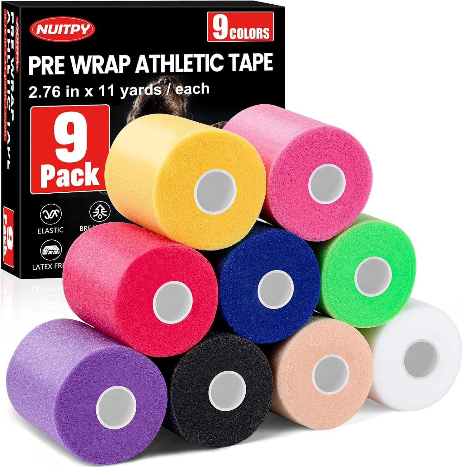 9 Pack Pre Wrap Tape, 9 Colors 2.76 Inch x 11 Yards Prewrap Athletic Tape for Hair Soccer, Pre Wrap Foam Tape, Soccer Pre Wrap Tape, Prewrap Headbands for Hair