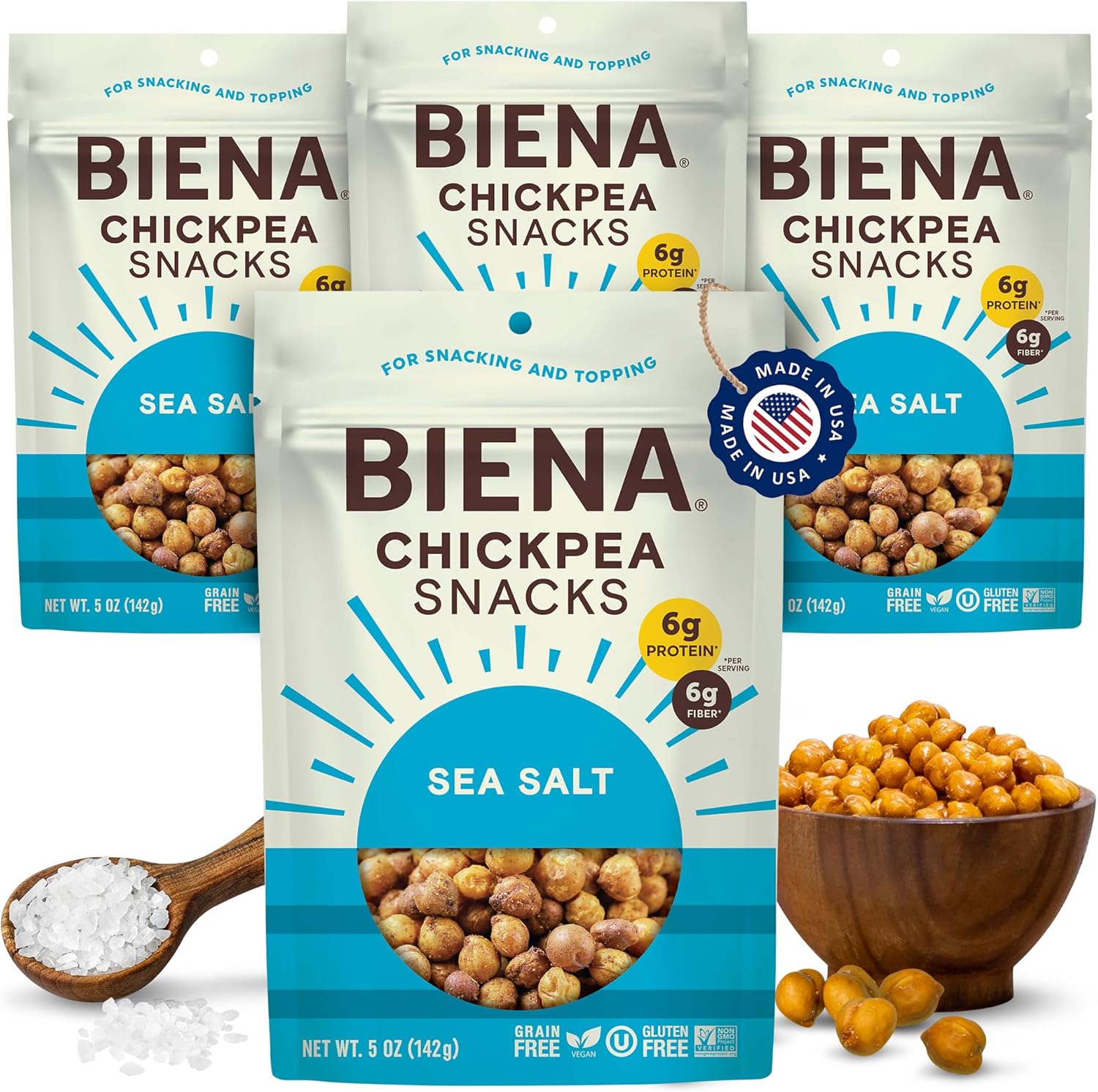 BIENA Chickpea Snacks - Crunchy Roasted Chickpeas - High Fiber Vegan Protein Snacks for Adults and Kids - 4-Pack, 5 Ounce Bags - Sea Salt