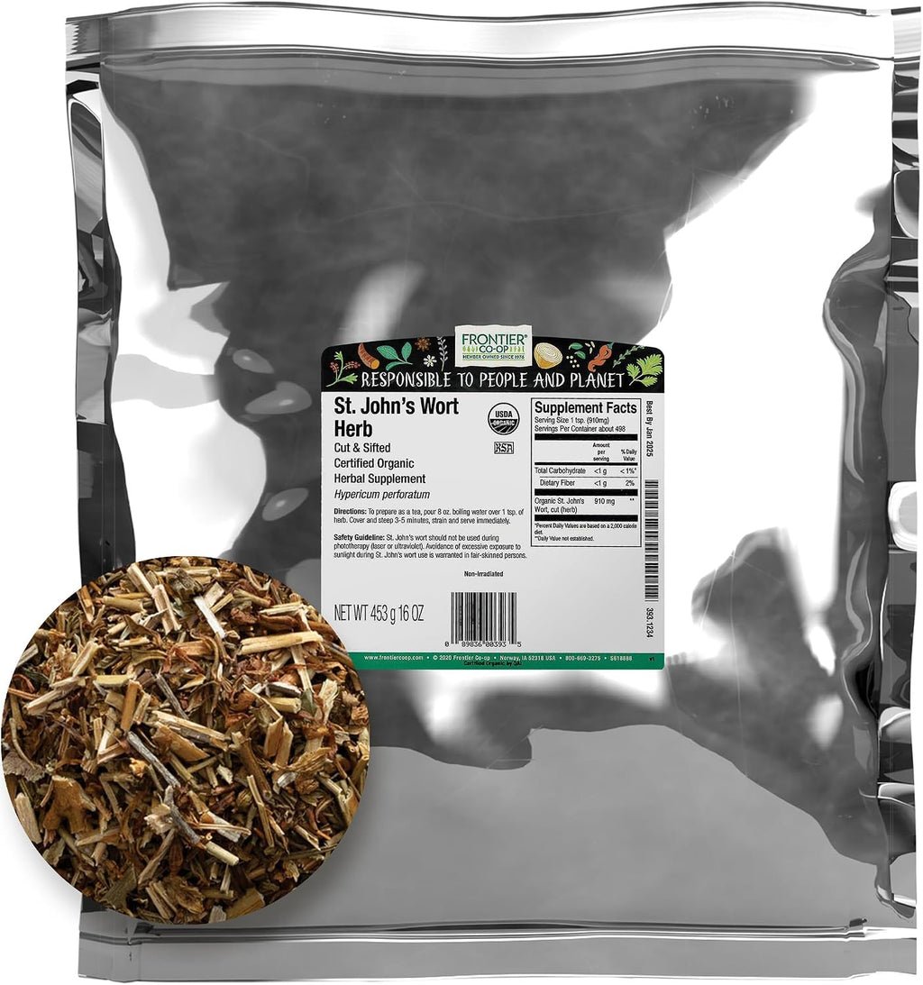 Frontier Co-Op Organic Cut and Sifted Saint John's Wort Herb 1lb - Dried Herb For St Johns Wort Organic Tea Or Diy Capsules, Oil, Tincture, Supplement