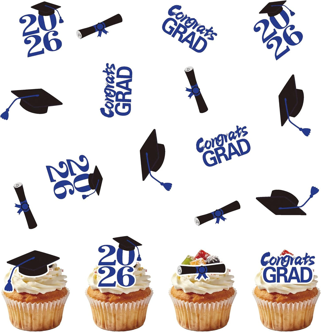 50Pcs Edible 2026 Graduation Cupcake Toppers, Wafer Paper Class of 2026 Decorations Grad Cap Cupcake Picks for 2026 Graduation Theme Party Cake Decor (Blue)