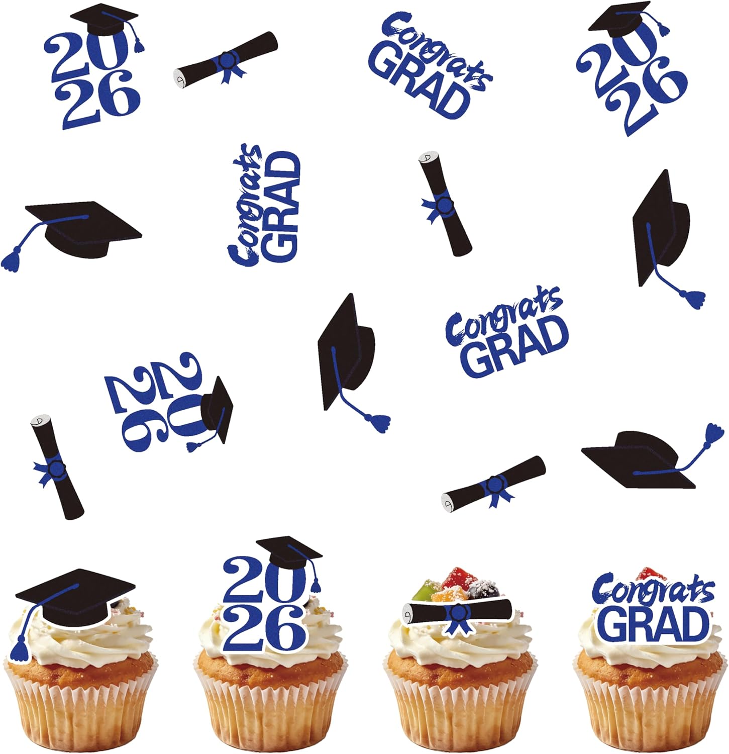 50Pcs Edible 2026 Graduation Cupcake Toppers, Wafer Paper Class of 2026 Decorations Grad Cap Cupcake Picks for 2026 Graduation Theme Party Cake Decor (Blue)