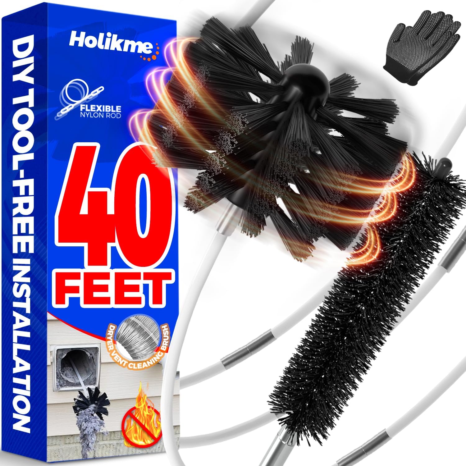 Holikme 40 Feet Dryer Vent Cleaner Kit, Flexible Lint Brush with Drill Attachment, Extends Up to 40 Feet for Easy Cleaning, Synthetic Brush Head, Use with or Without a Power Drill