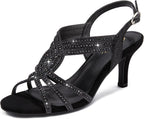 Women Rhinestone Heels Sparkly Dress Shoes High Kitten Heel 3.35 Inch Open Toe Ankle Strap Womens Sandals Wedding