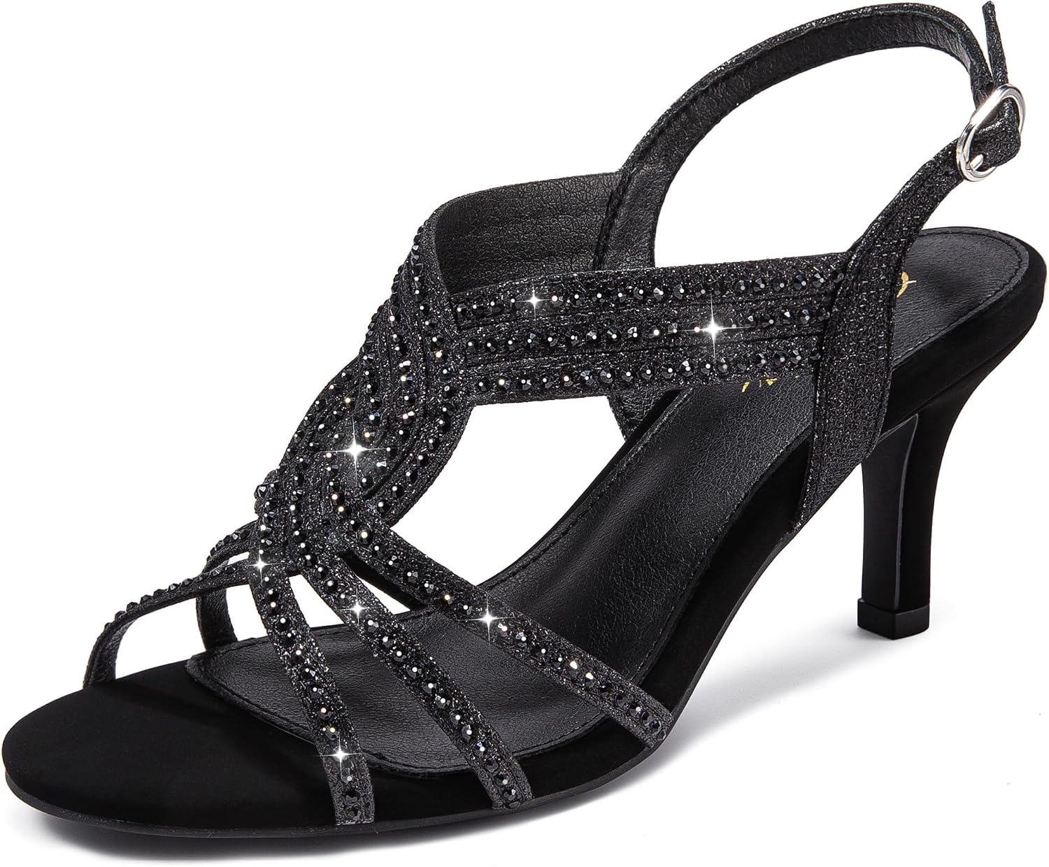Women Rhinestone Heels Sparkly Dress Shoes High Kitten Heel 3.35 Inch Open Toe Ankle Strap Womens Sandals Wedding