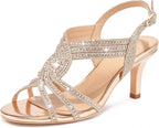 Women Rhinestone Heels Sparkly Dress Shoes High Kitten Heel 3.35 Inch Open Toe Ankle Strap Womens Sandals Wedding
