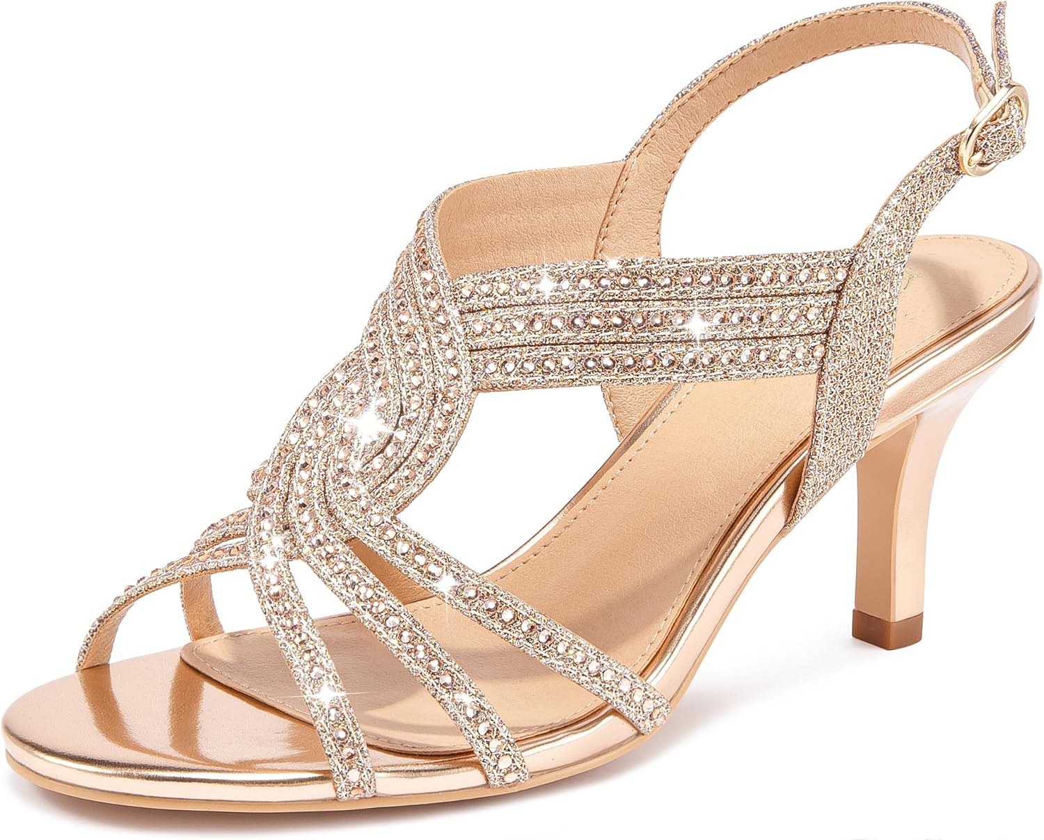 Women Rhinestone Heels Sparkly Dress Shoes High Kitten Heel 3.35 Inch Open Toe Ankle Strap Womens Sandals Wedding