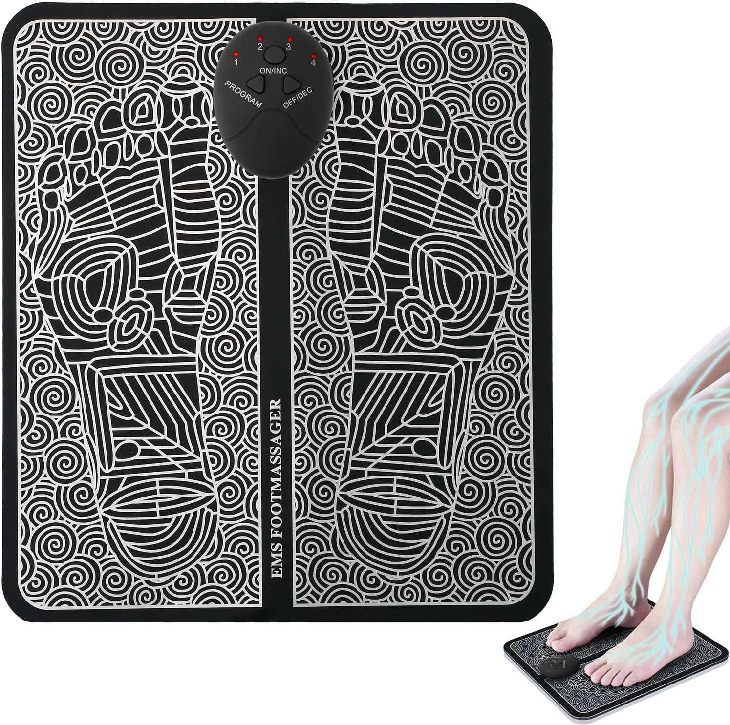 TeqHome EMS Foot Massage Pad, Electric Foot Stimulator Massager Foot Plate with 6 Modes & 9 Intensity Levels, TENS Leg Reshaping Muscle Pain Relax Massage Mat for Muscle Relaxation, Battery Powered