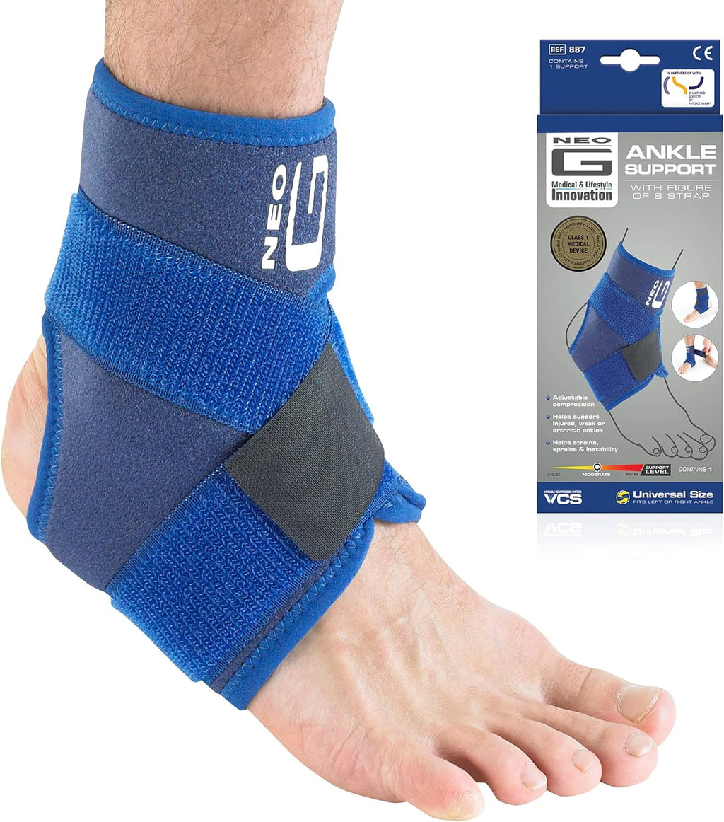 Neo-G Ankle Brace with Figure of 8 Strap – Neoprene Ankle Brace for Ligament Damage, Arthritis, for Sprained Ankle, Weak Ankles – Class 1 Medical Device - One Size