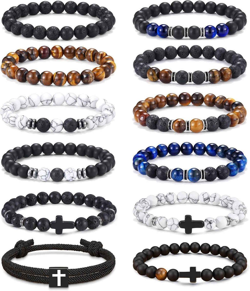 Jewdreamer 12PCS Beaded Bracelets for Men 8MM Tigers Eye Bracelet Natural Stone Crystal Bead Cross Bracelet Adjustable Stretch Christian Bracelets Jewelry Gifts
