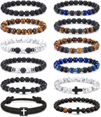 Jewdreamer 12PCS Beaded Bracelets for Men 8MM Tigers Eye Bracelet Natural Stone Crystal Bead Cross Bracelet Adjustable Stretch Christian Bracelets Jewelry Gifts