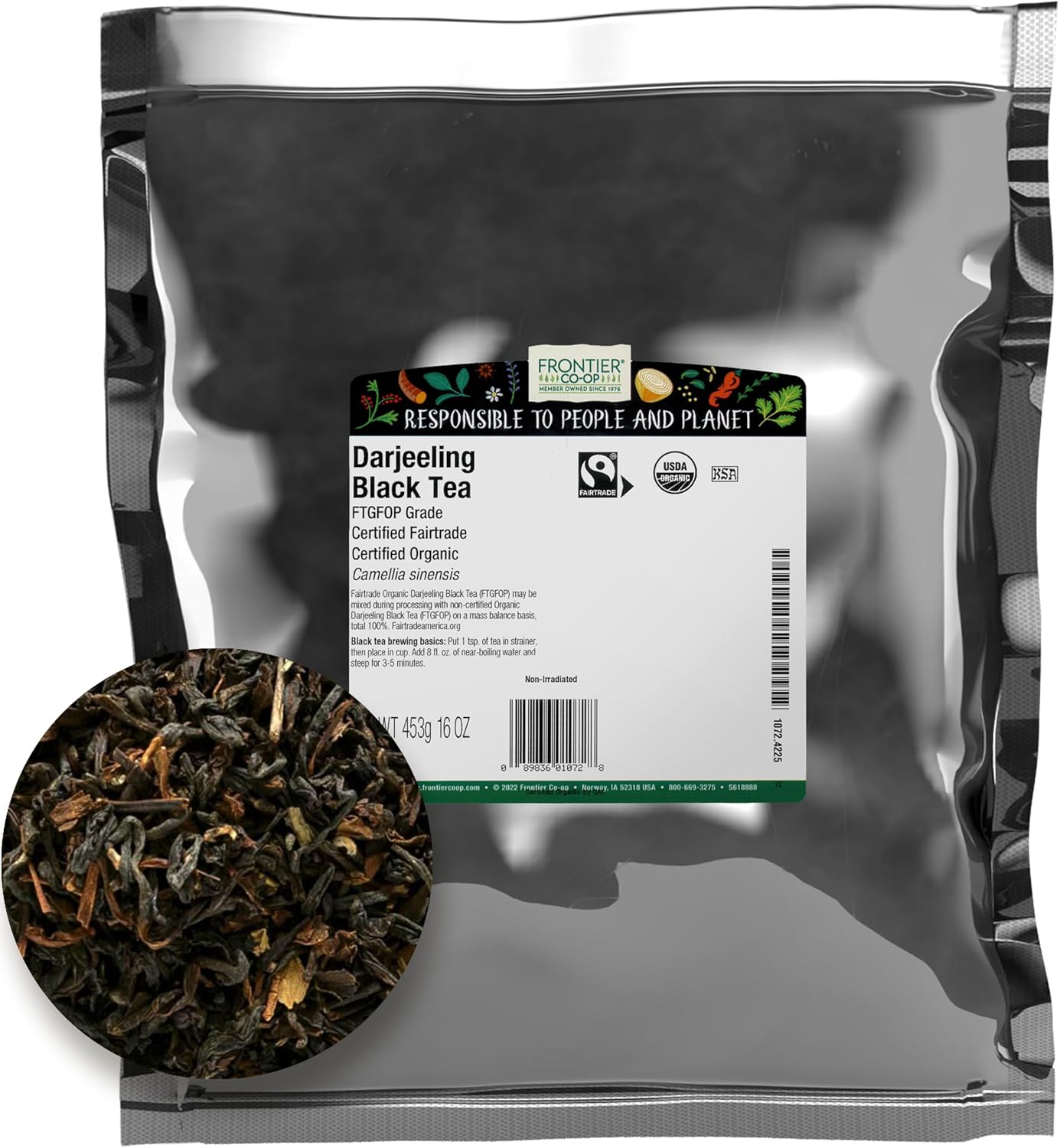 Frontier Co-op Organic Darjeeling Black Tea, 1-pound Bulk Bag, Highest Grade Orange Pekoe Leaves, Kosher, Fair Trade