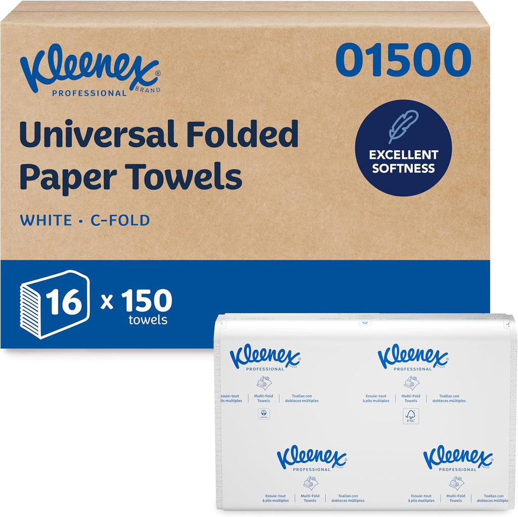 Kleenex Professional Universal C-Fold Folded Paper Towels, Bulk (01500), Absorbent, White (150 Sheets/Pack, 16 Packs/Case, 2,400 Sheet Total)