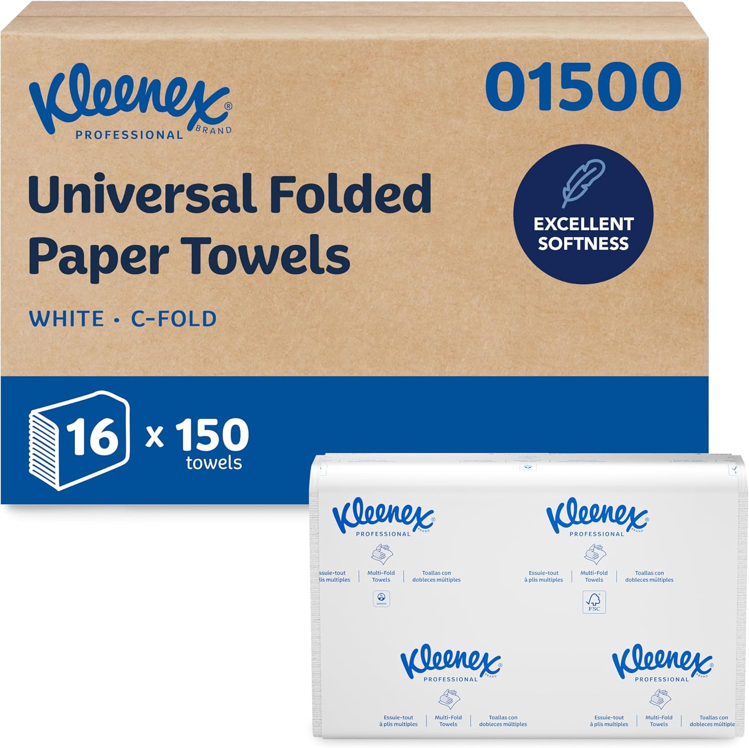 Kleenex Professional Universal C-Fold Folded Paper Towels, Bulk (01500), Absorbent, White (150 Sheets/Pack, 16 Packs/Case, 2,400 Sheet Total)