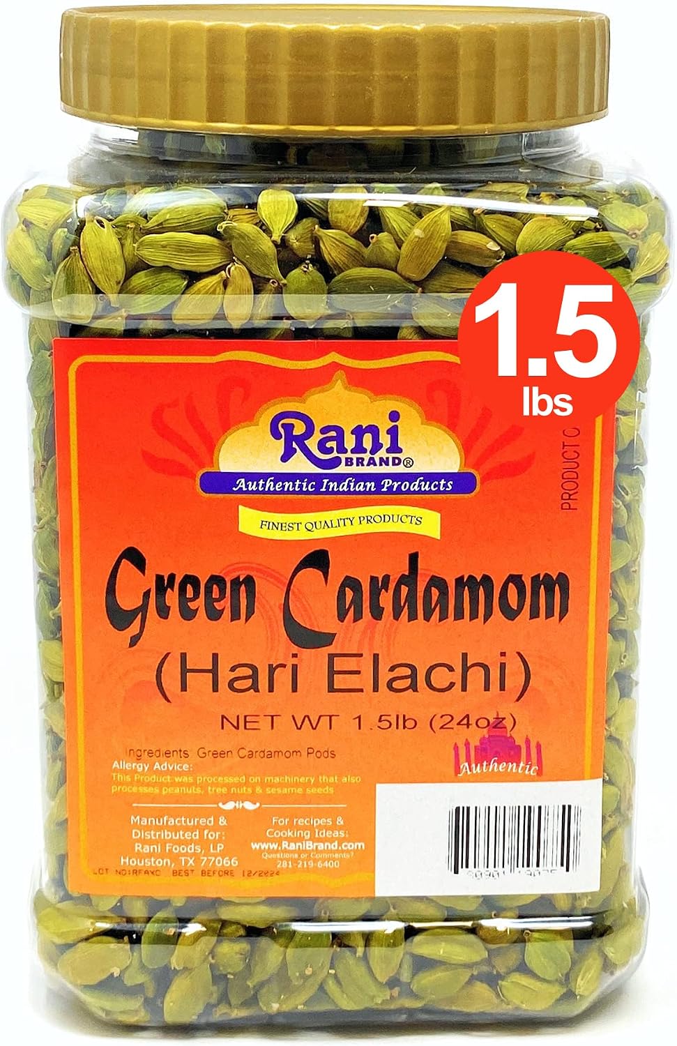 Rani Green Cardamom Pods Spice (Hari Elachi) 24oz (1.5lbs) 680g PET Jar ~ All Natural | Vegan | Gluten Friendly | NON-GMO | Kosher | Product of India