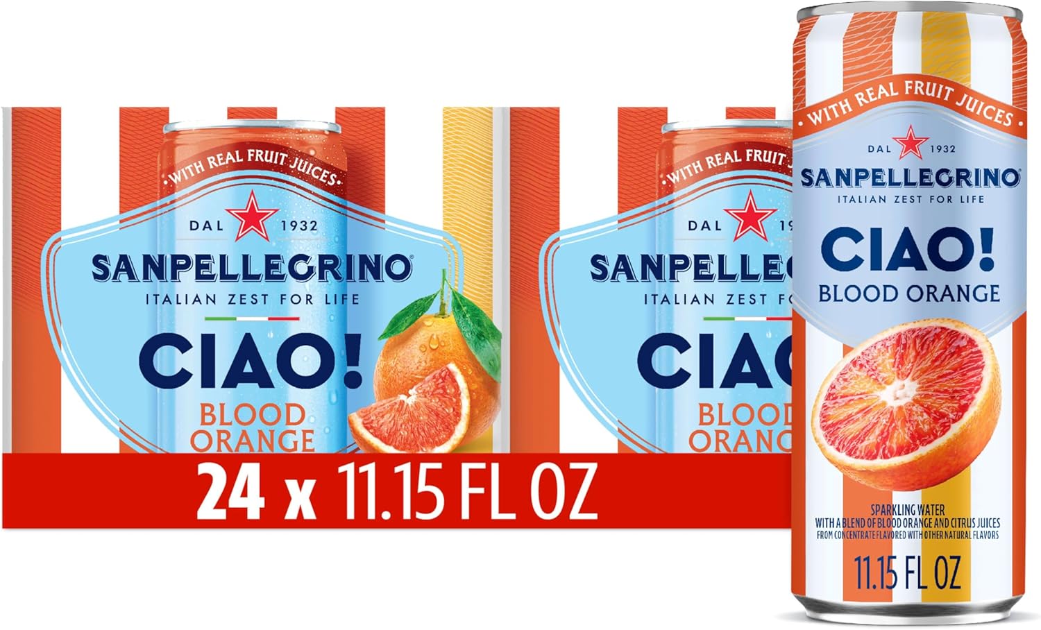 Sanpellegrino CIAO Blood Orange Sparkling Water, Low-Calorie Italian Sparkling Water with Real Fruit Juices, 0g Added Sugar, 24-Pack