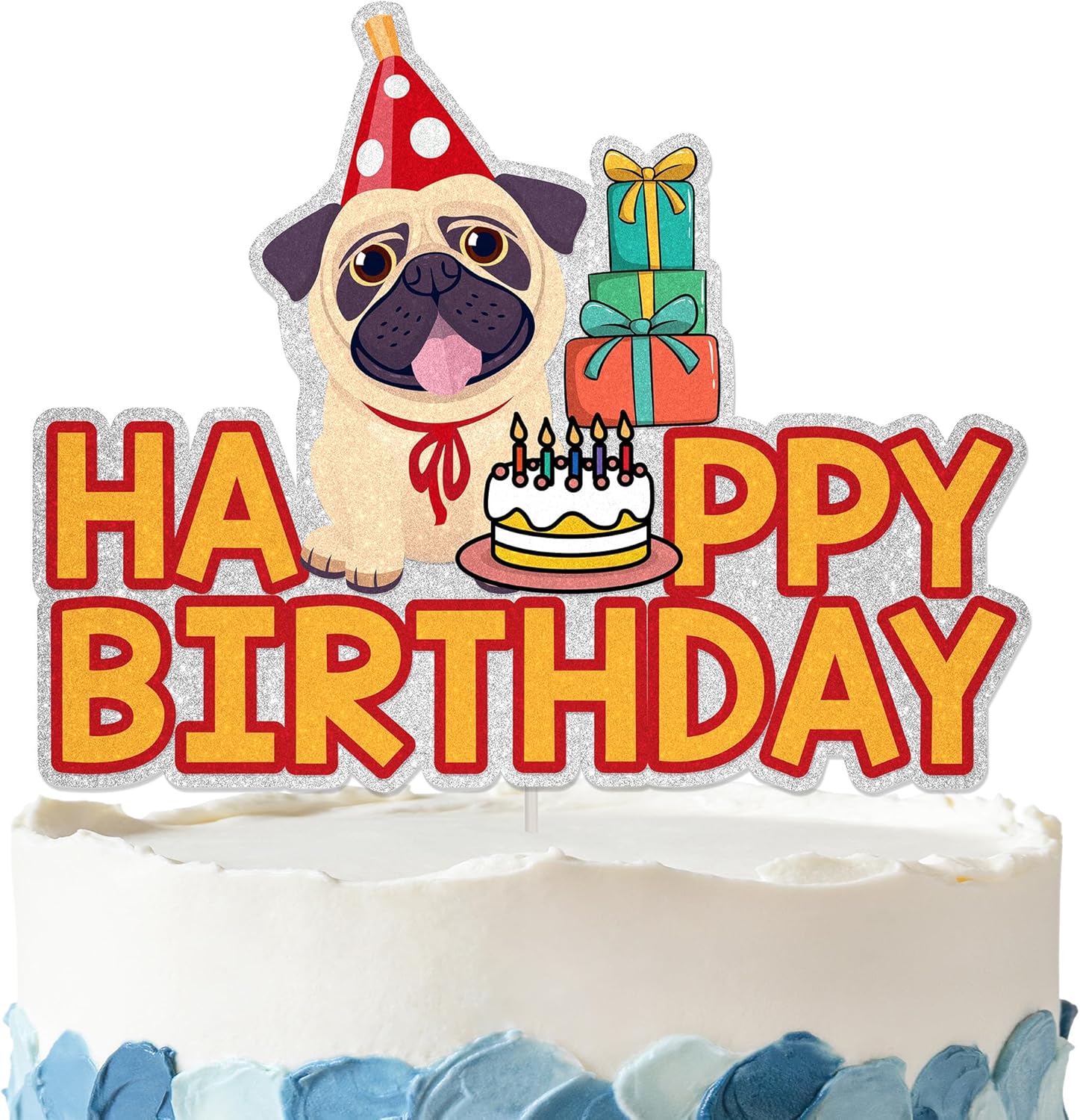 Pug Birthday Cake Topper - Glitter Pug Party Decorations Pug Décor for Dog Theme Birthday Party Supplies