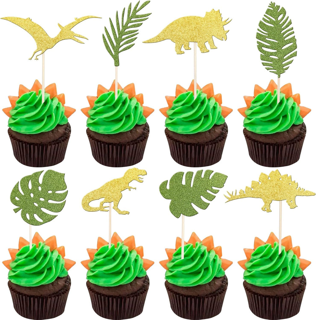 24 PCS Gold Glitter Dinosaur Set Cupcake Toppers with Green Palm Leaves T-Rex Cupcake Picks Dragon Dinosaur Theme Baby Shower Birthday Party Cake Decorations Supplies