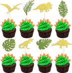 24 PCS Gold Glitter Dinosaur Set Cupcake Toppers with Green Palm Leaves T-Rex Cupcake Picks Dragon Dinosaur Theme Baby Shower Birthday Party Cake Decorations Supplies