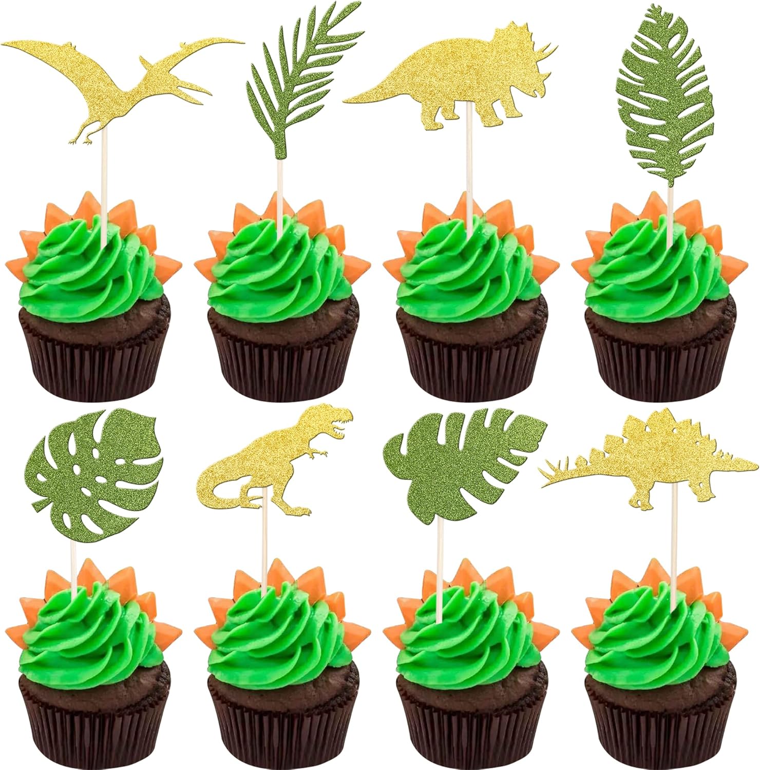 24 PCS Gold Glitter Dinosaur Set Cupcake Toppers with Green Palm Leaves T-Rex Cupcake Picks Dragon Dinosaur Theme Baby Shower Birthday Party Cake Decorations Supplies