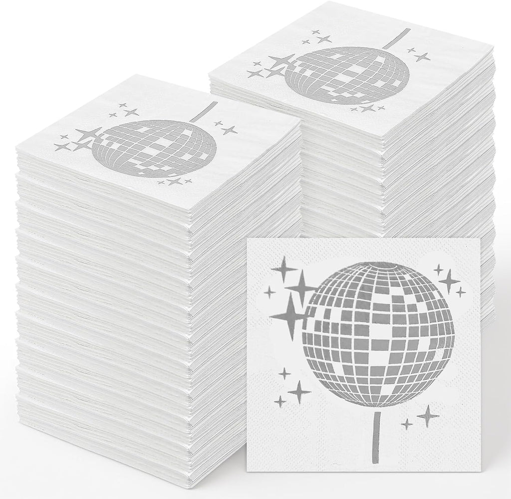 200 Pack Silver Napkins Disco Party Supplies - 25x25cm Black with Silver Foil Design, 20 Count per Pack, Disposable Cocktail Napkins for 70s 80s 90s Theme Birthday Engagement Graduation