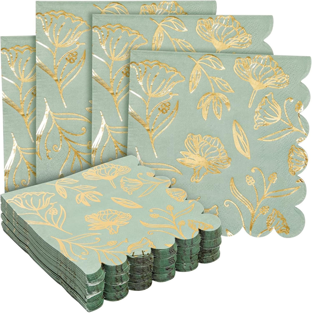 Sparkle and Bash Floral Napkins - 50-Pack, 5 x 5 in, Sage Green & Gold, 3-Ply - Scalloped Disposable Wedding Cocktail Napkins with Gold Foil - for Bridal Showers & Garden Parties