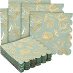 Sparkle and Bash Floral Napkins - 50-Pack, 5 x 5 in, Sage Green & Gold, 3-Ply - Scalloped Disposable Wedding Cocktail Napkins with Gold Foil - for Bridal Showers & Garden Parties