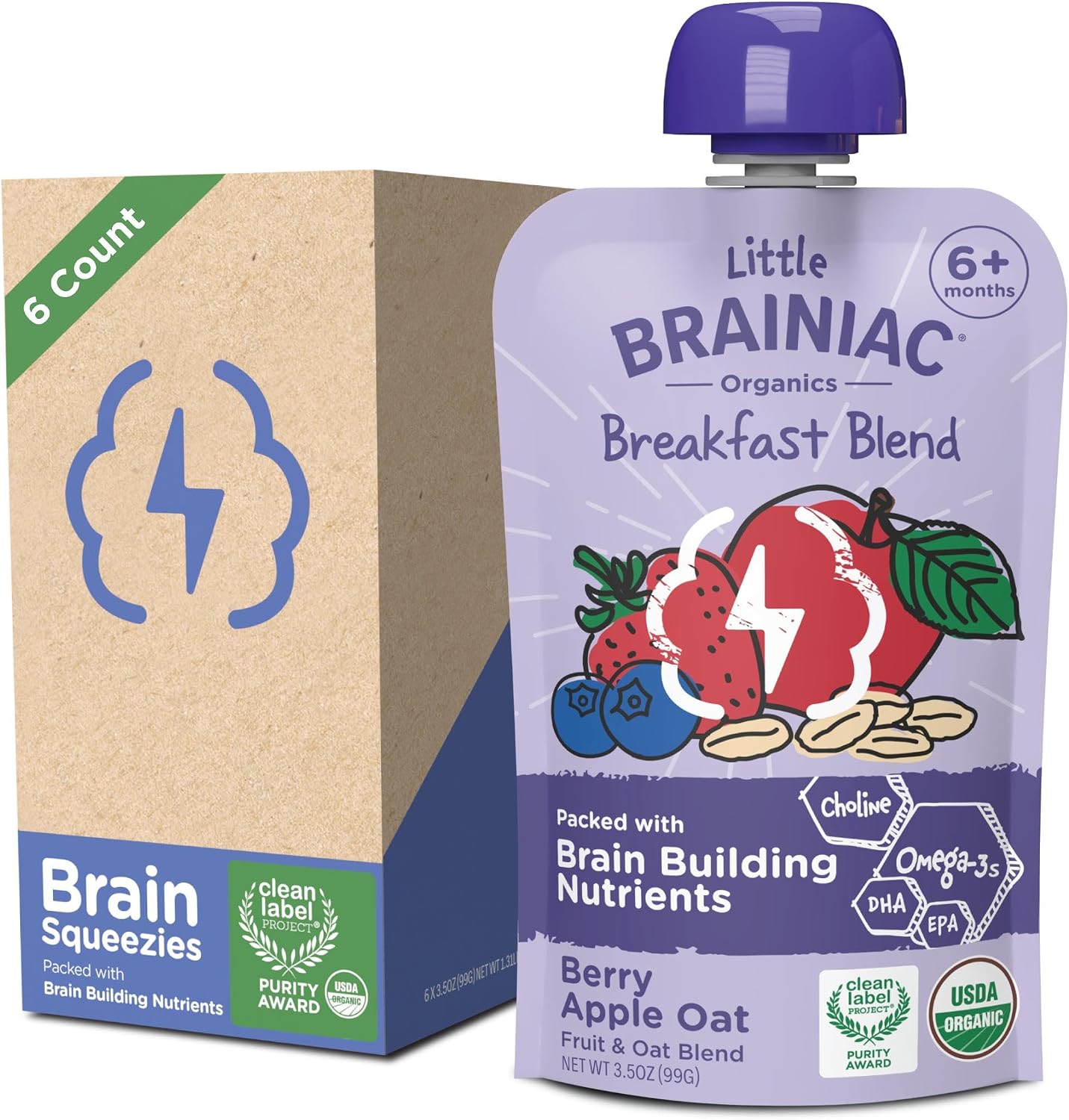 Little Brainiac Breakfast Blend Organic Fruit & Oat Toddler Pouches, Berry Apple Oat with Omega-3s DHA/EPA and Choline, Clean Label, BPA-Free, Non-GMO, 3.5 oz, Pack of 12
