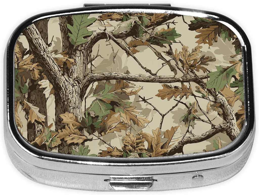 Pill Box-2 Compartment Small Pill Case Square Organizer Case with Mirror Portable Metal Medicine Box Travel Container for Pocket & Purse Women Men(Camo Forest)