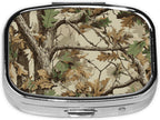 Pill Box-2 Compartment Small Pill Case Square Organizer Case with Mirror Portable Metal Medicine Box Travel Container for Pocket & Purse Women Men(Camo Forest)