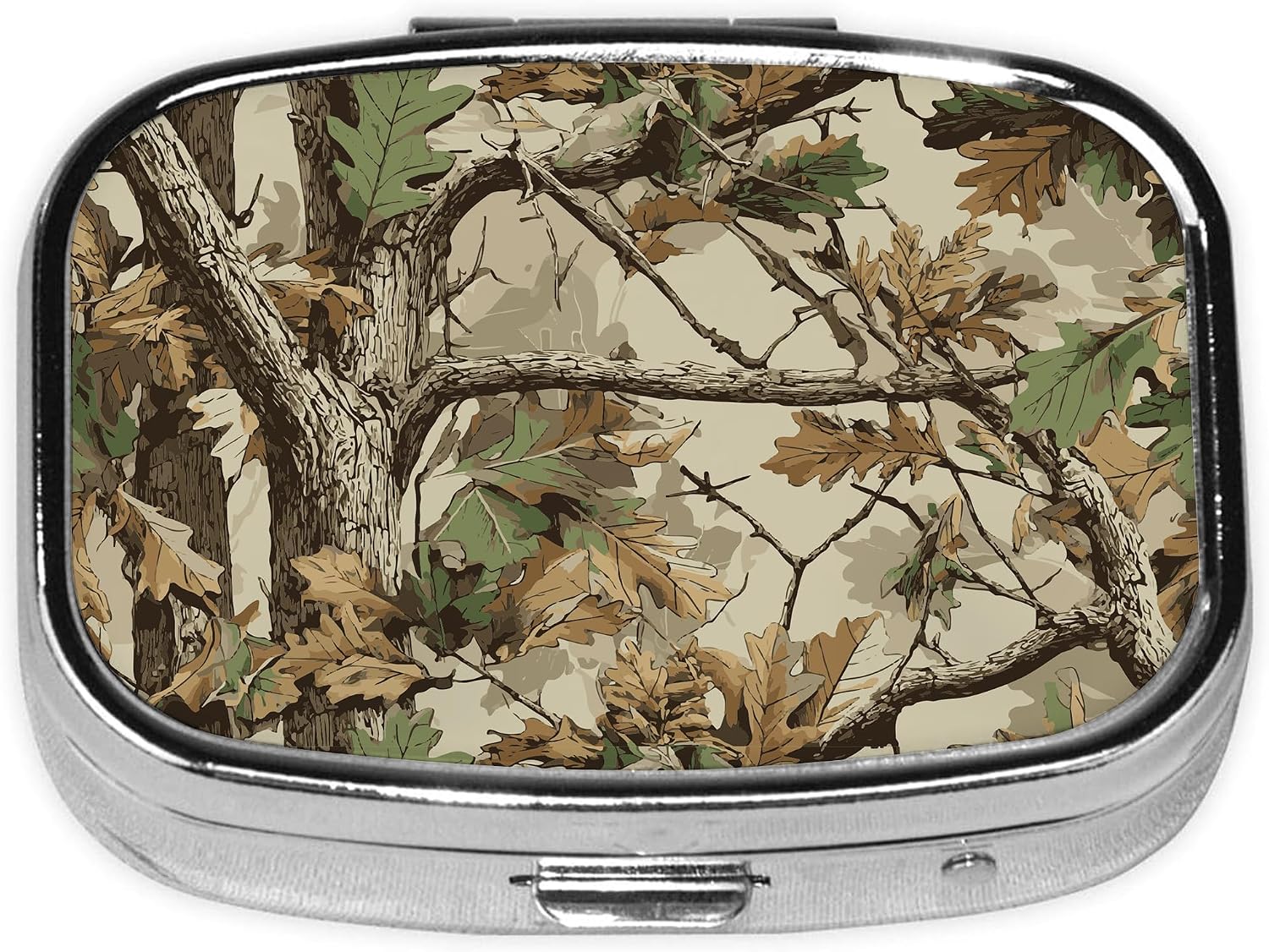 Pill Box-2 Compartment Small Pill Case Square Organizer Case with Mirror Portable Metal Medicine Box Travel Container for Pocket & Purse Women Men(Camo Forest)