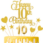 10th Birthday Cake Decorations, 10th Birthday Candles Cake Numeral Candles and Glitter Happy 10th Birthday Cake Toppers Set for Birthday Party Supplies (Gold)