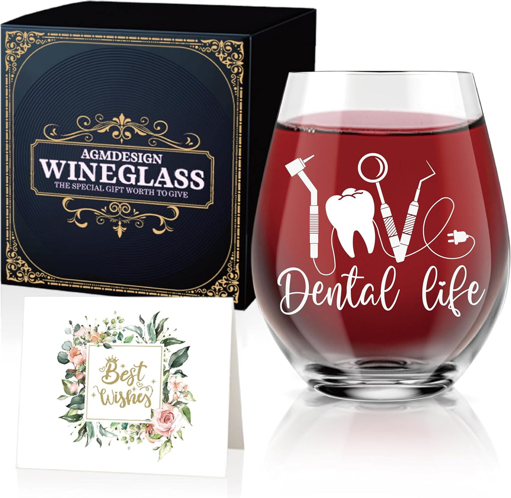 AGMDESIGN Dental Life Funny Wine Glass with Gift Box, Graduation Gifts for Dental Students, Birthday Christmas Appreciation Gifts for Dentist Assistant Nurse Hygienist Medical Graduate