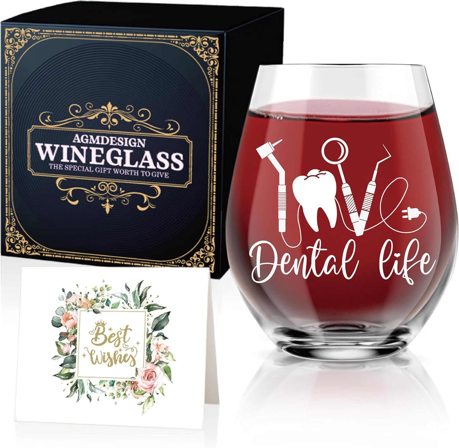 AGMDESIGN Dental Life Funny Wine Glass with Gift Box, Graduation Gifts for Dental Students, Birthday Christmas Appreciation Gifts for Dentist Assistant Nurse Hygienist Medical Graduate