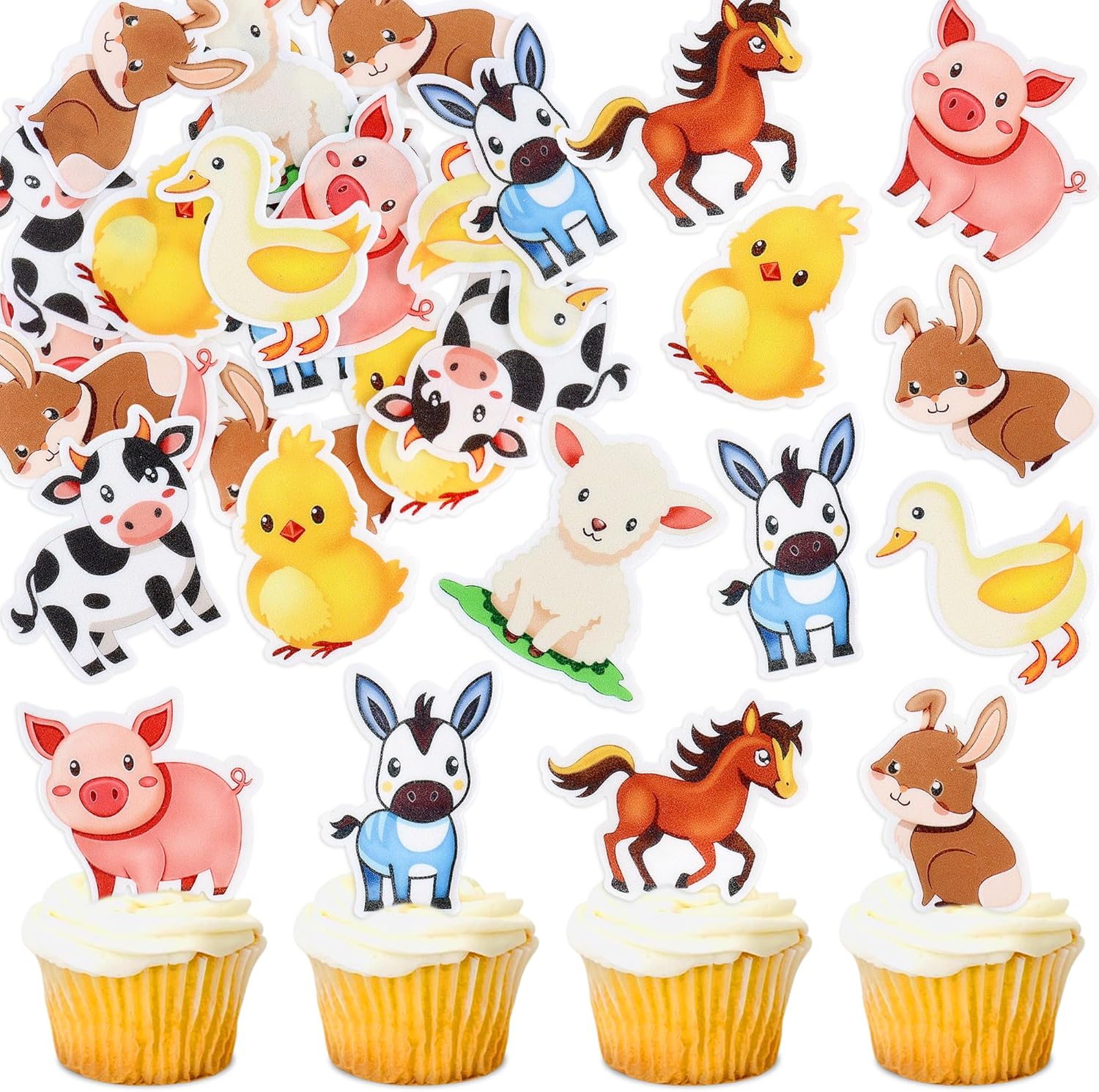40PCS Edible Farmyard Animals Cupcake Toppers Edible Cute Rabbit Pig Horse Lamb Donkey Chicken Duck Cow Cupcake Picks for Farm Animal Baby Shower Boys Girls Birthday Cupcake Cake Decorations