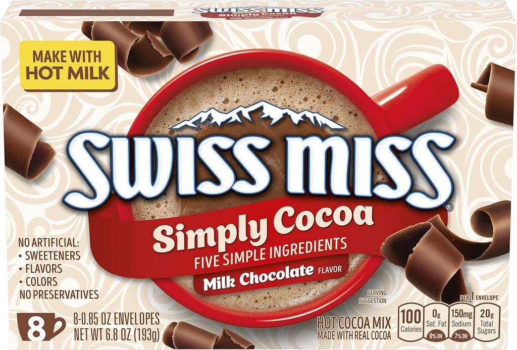 Swiss Miss Simply Cocoa Milk Chocolate Flavored Hot Cocoa Mix, Hot Cocoa Bar Supplies, 0.85 oz., 8-Count Envelopes (12 Boxes)
