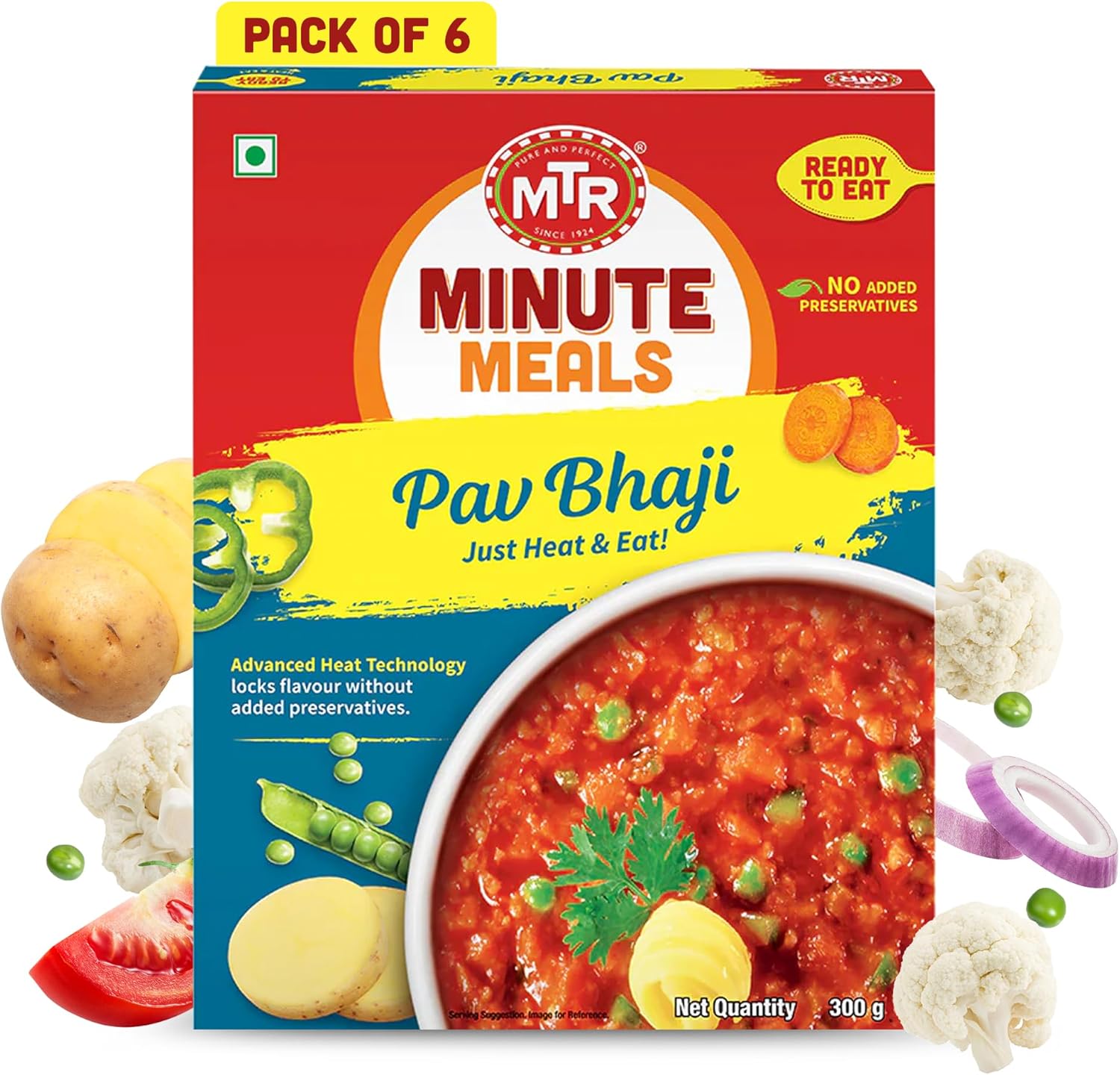 MTR - Pav Bhaji - Spiced Vegetable Gravy - Authentic Indian Ready-to-Eat Meal - Plant-Based, Delicious Microwaveable Meal - Quick & Easy Nutritious Indian Food - Suitable for Vegetarians (Pack of 6)
