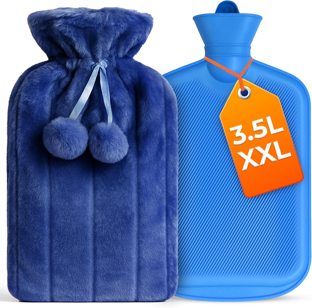 Hot Water Bottle with Cover XXX Large - 3.5L Blue Hot Water Bag for Pain Relief - 118Fl Oz Extra Large Washable Soft Faux Fur, Big Hot Water Pack for Sore Muscles, Period Cramps, Hot and Cold Compress