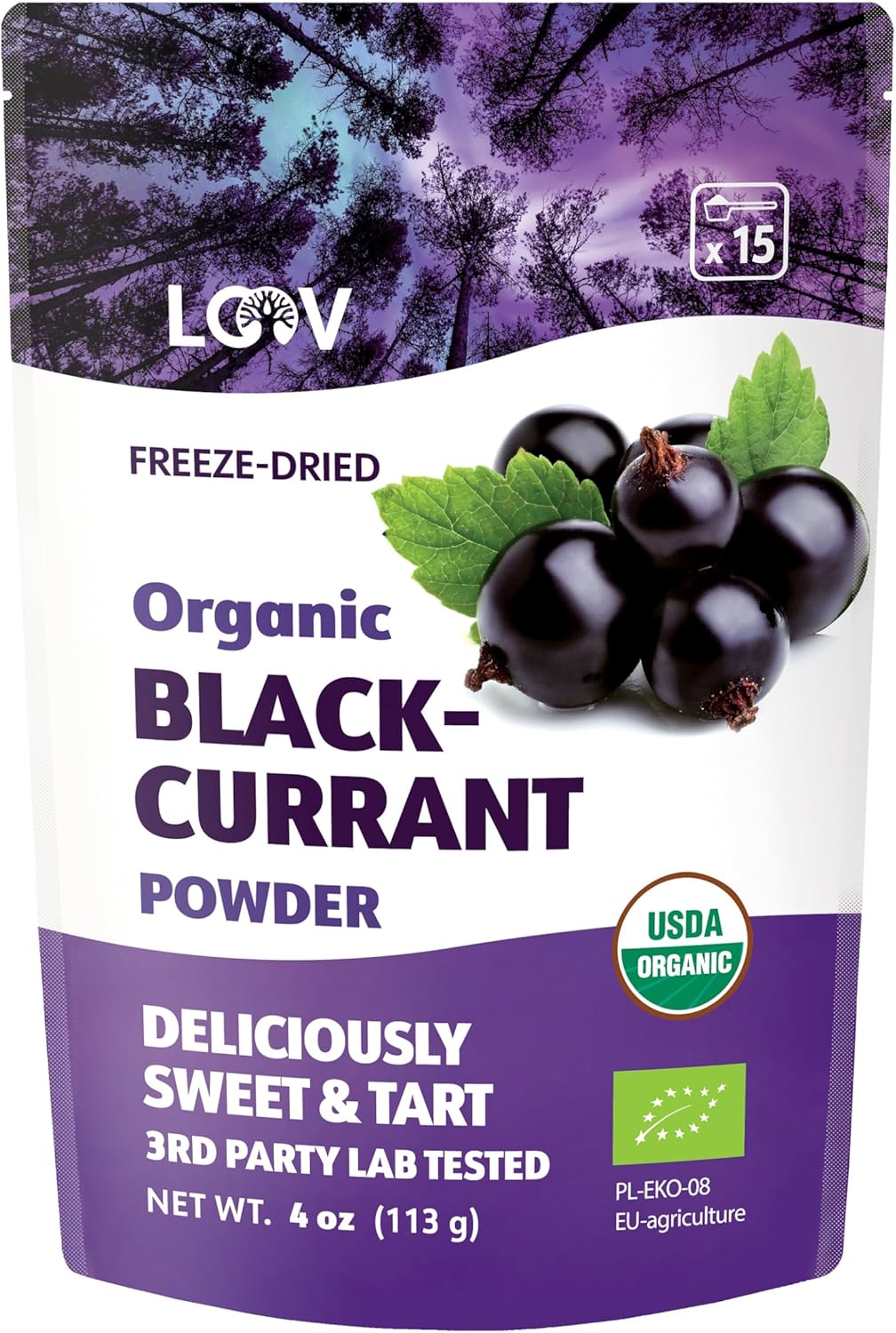 Organic Black Currant Powder – Pure, 100% Natural Whole Fruit, Freeze-Dried & Powdered – Non-GMO, No Added Sugar – Rich in Polyphenols & Vitamin C – 4oz (15 Servings)