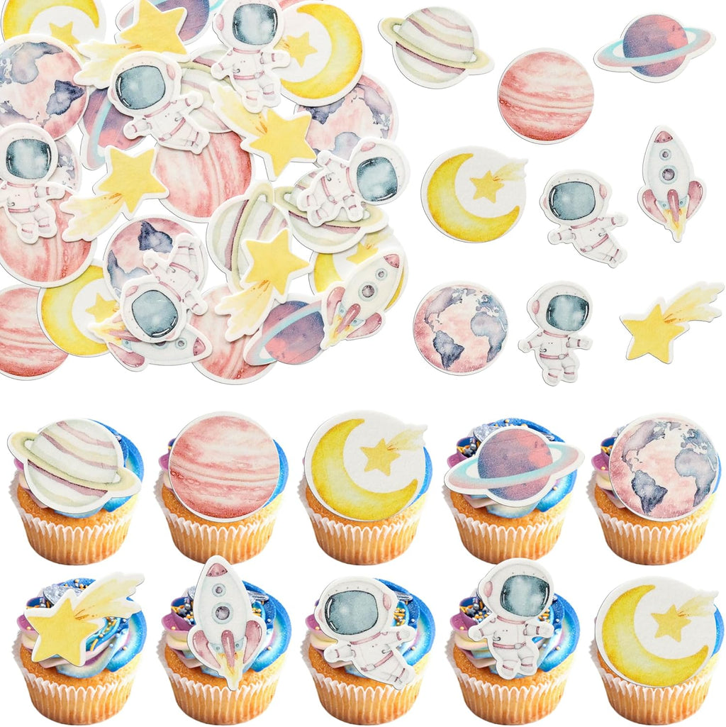 Ephlyn 54Pcs Edible Space Astronaut Cupcake Toppers Edible Rice Paper Space Girl Moon Star Rocket Planet Cupcake Picks Space Theme Women Men Birthday Party Anniversary Party Decorations Supplies Pink