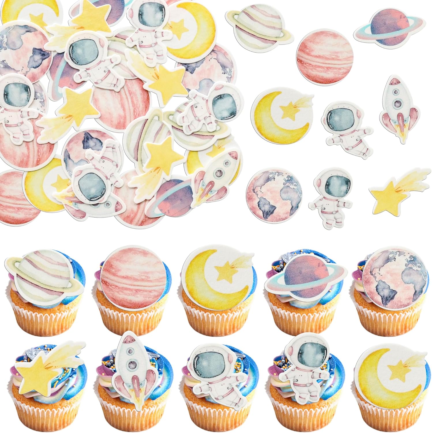 Ephlyn 54Pcs Edible Space Astronaut Cupcake Toppers Edible Rice Paper Space Girl Moon Star Rocket Planet Cupcake Picks Space Theme Women Men Birthday Party Anniversary Party Decorations Supplies Pink