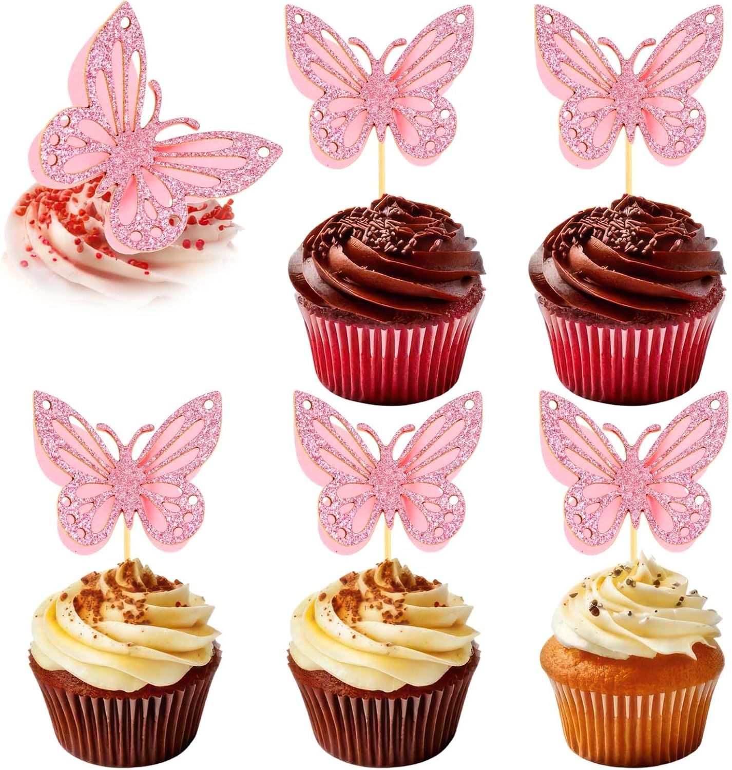 48 Pcs Butterfly Cake Toppers, Butterfly Cake Decorations Double Layer Pink Butterflies Cupcake Toppers 3D Glitter Cupcake Topper Butterflies Cocktail Pick Decoration for Baby Shower Wedding Birthday